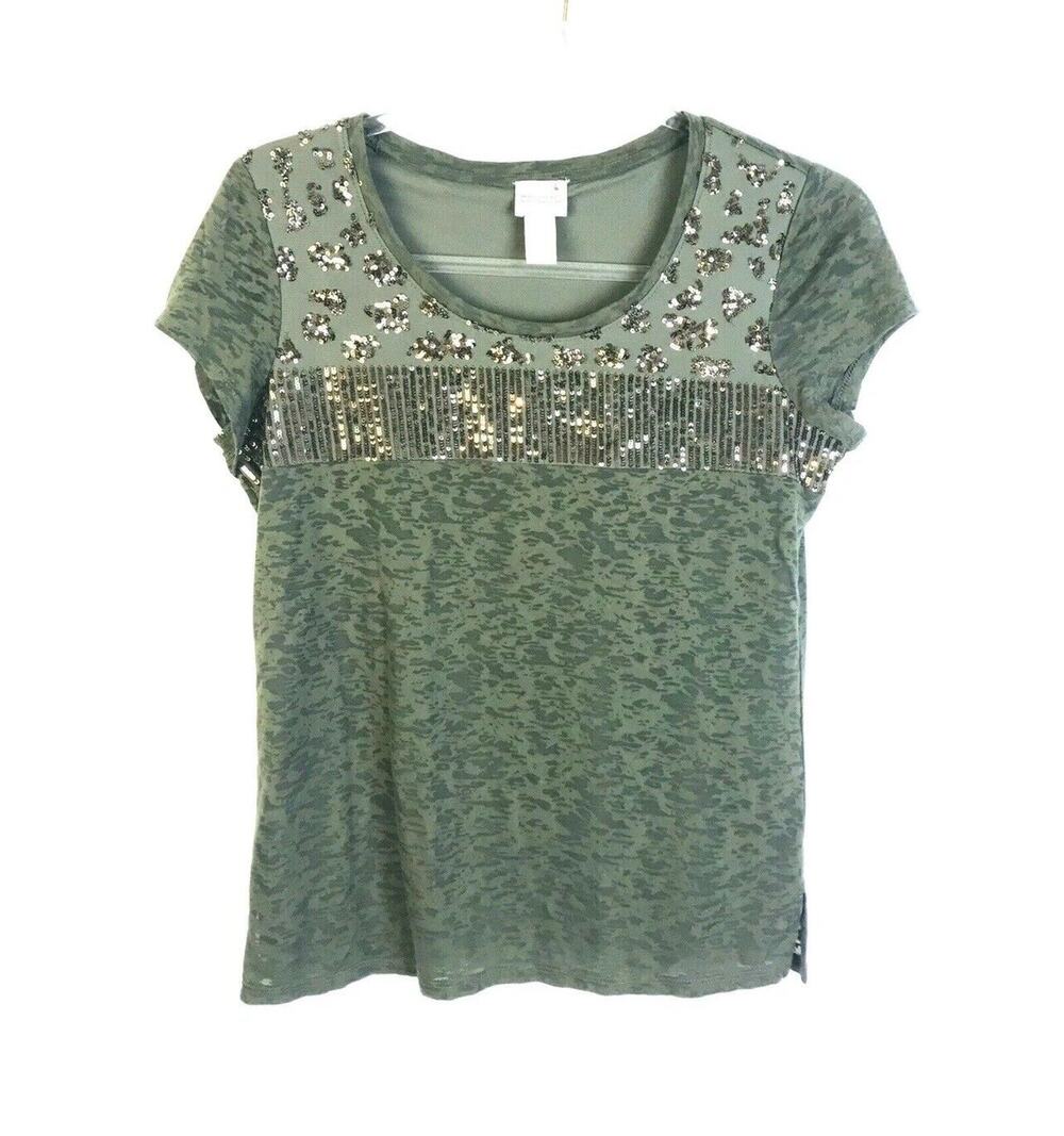 Chico's Top Women"s XS Embellished Sequins Sparkly Gray Party Night Out Knit